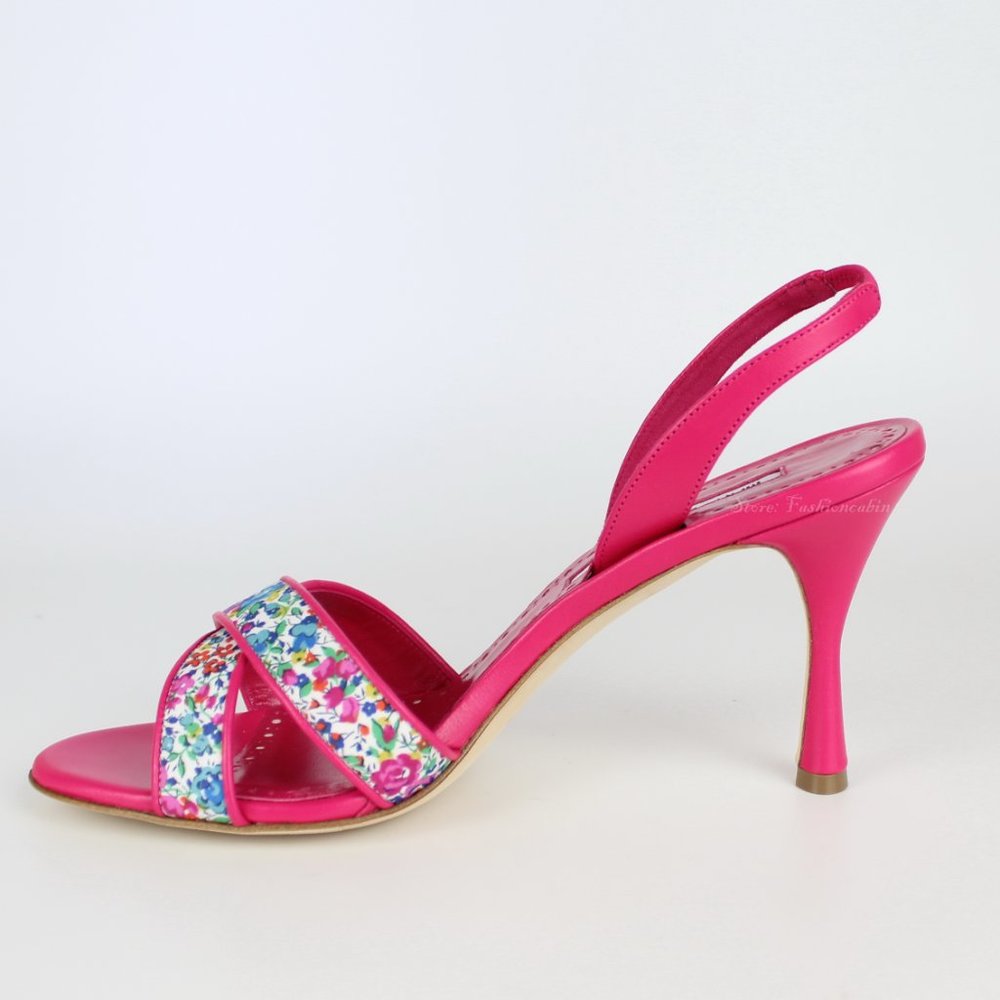 NEW MANOLO BLAHNIK Floral Leather Slingback Sandals - Work to Dinner Summer Heel - Picture 8 of 13